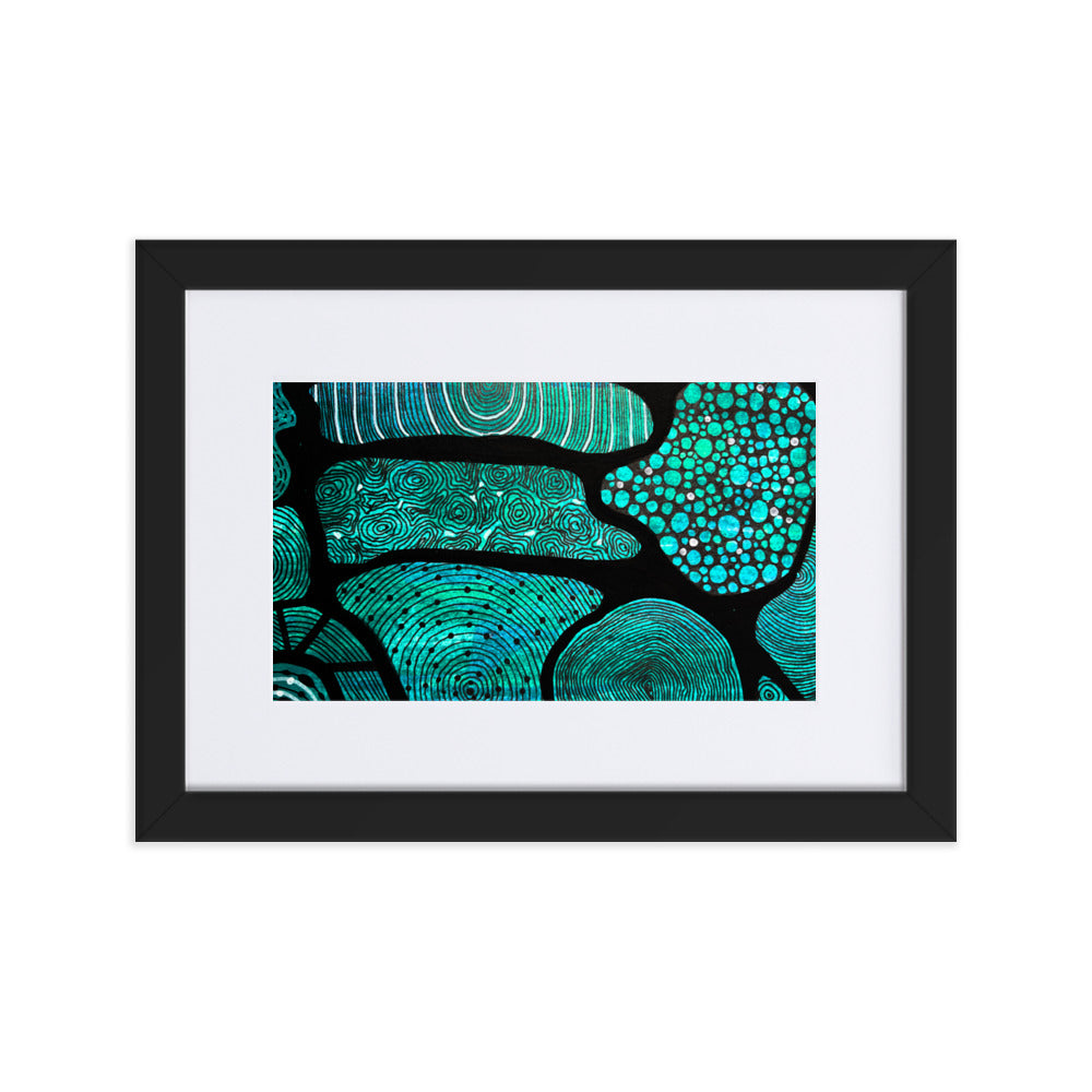 Beautifully designed Aboriginal Artwork in black on teal/green background.