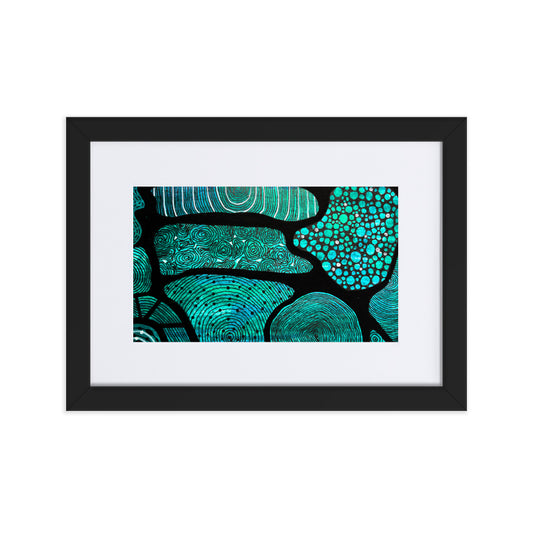 Beautifully designed Aboriginal Artwork in black on teal/green background.