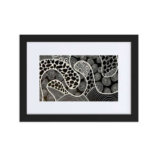 Beautifully designed Aboriginal Artwork in white on black background.