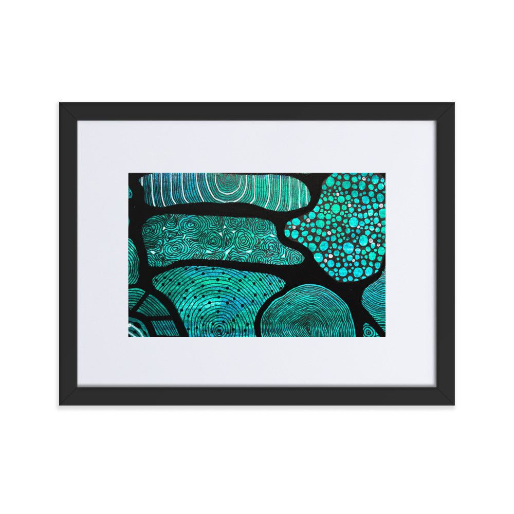 Beautifully designed Aboriginal Artwork in black on teal/green background.