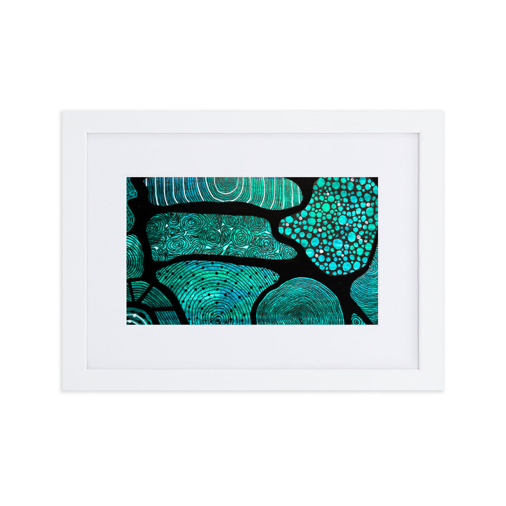 Beautifully designed Aboriginal Artwork in black on teal/green background.