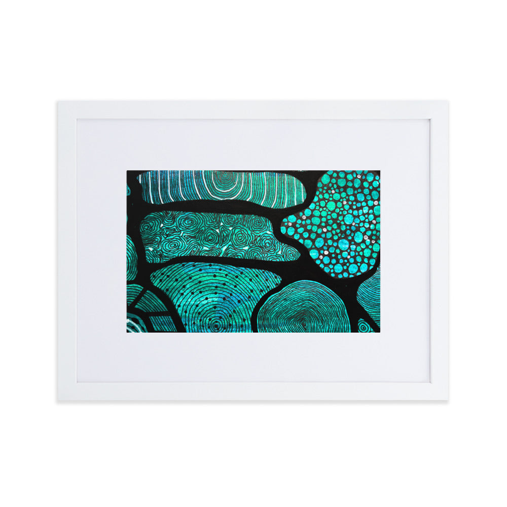 Beautifully designed Aboriginal Artwork in black on teal/green background.