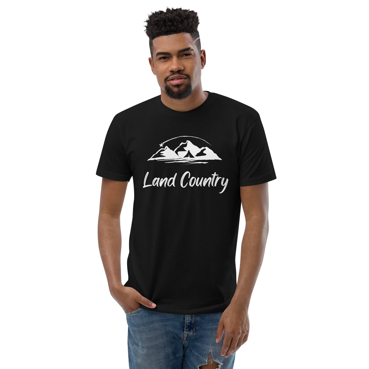 Black tshirt with mountains and the wording Land Country in white on a black tshirt.