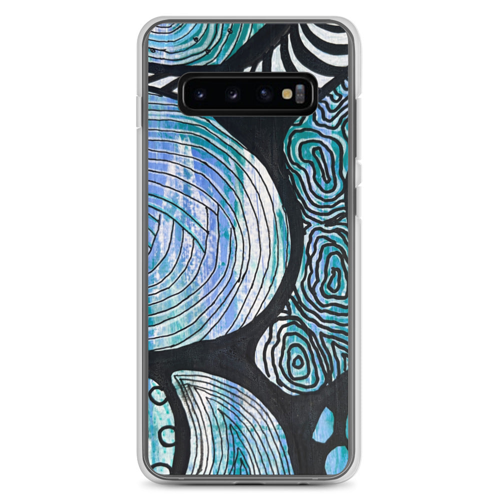 Samsung s10 Case Featuring beautifully designed Aboriginal artwork in black and white from the Salt Water Collection in blue, black, white and green. Front View.