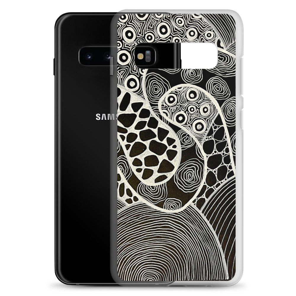 Samsung s10 Case Featuring beautifully designed Aboriginal artwork in black and white from the My Journey Series. Front View.