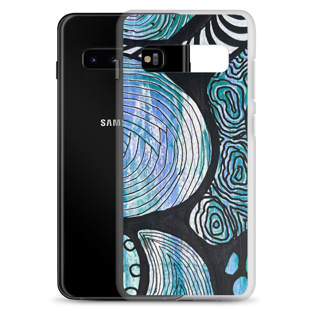 Samsung s10 Case Featuring beautifully designed Aboriginal artwork in black and white from the Salt Water Collection in blue, black, white and green. Front View.