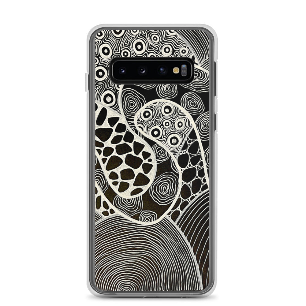 Samsung s10 Case Featuring beautifully designed Aboriginal artwork in black and white from the My Journey Series. Front View.