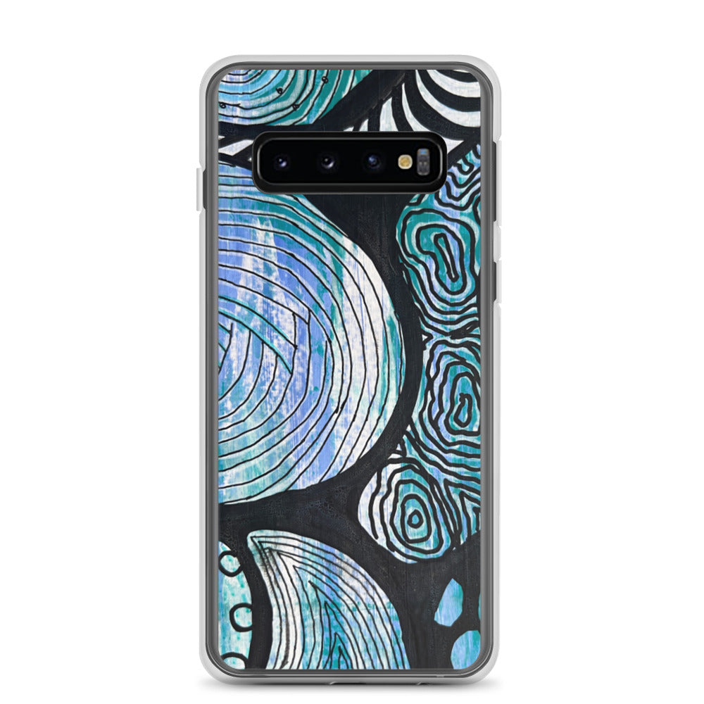 Samsung s10 Case Featuring beautifully designed Aboriginal artwork in black and white from the Salt Water Collection in blue, black, white and green. Front View.
