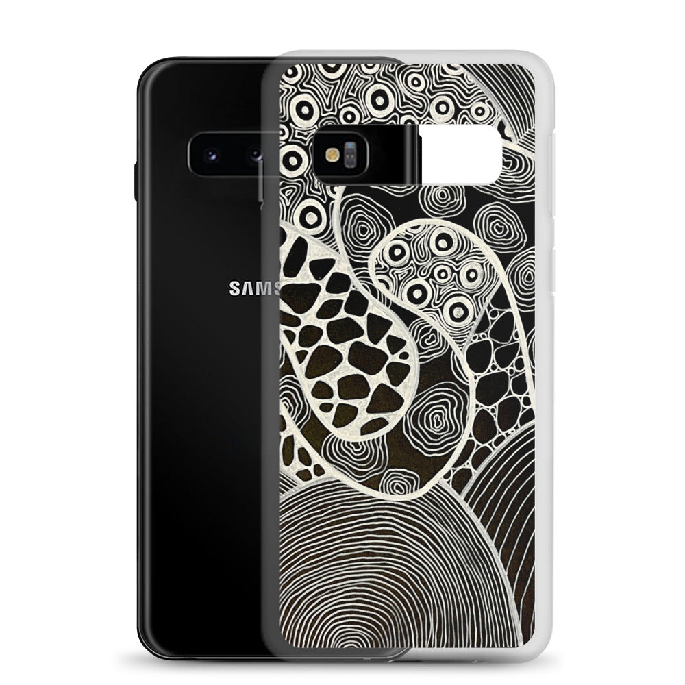 Samsung s10 Case Featuring beautifully designed Aboriginal artwork in black and white from the My Journey Series. Front View.