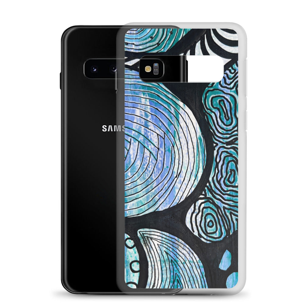 Samsung s10 Case Featuring beautifully designed Aboriginal artwork in black and white from the Salt Water Collection in blue, black, white and green. Front View.