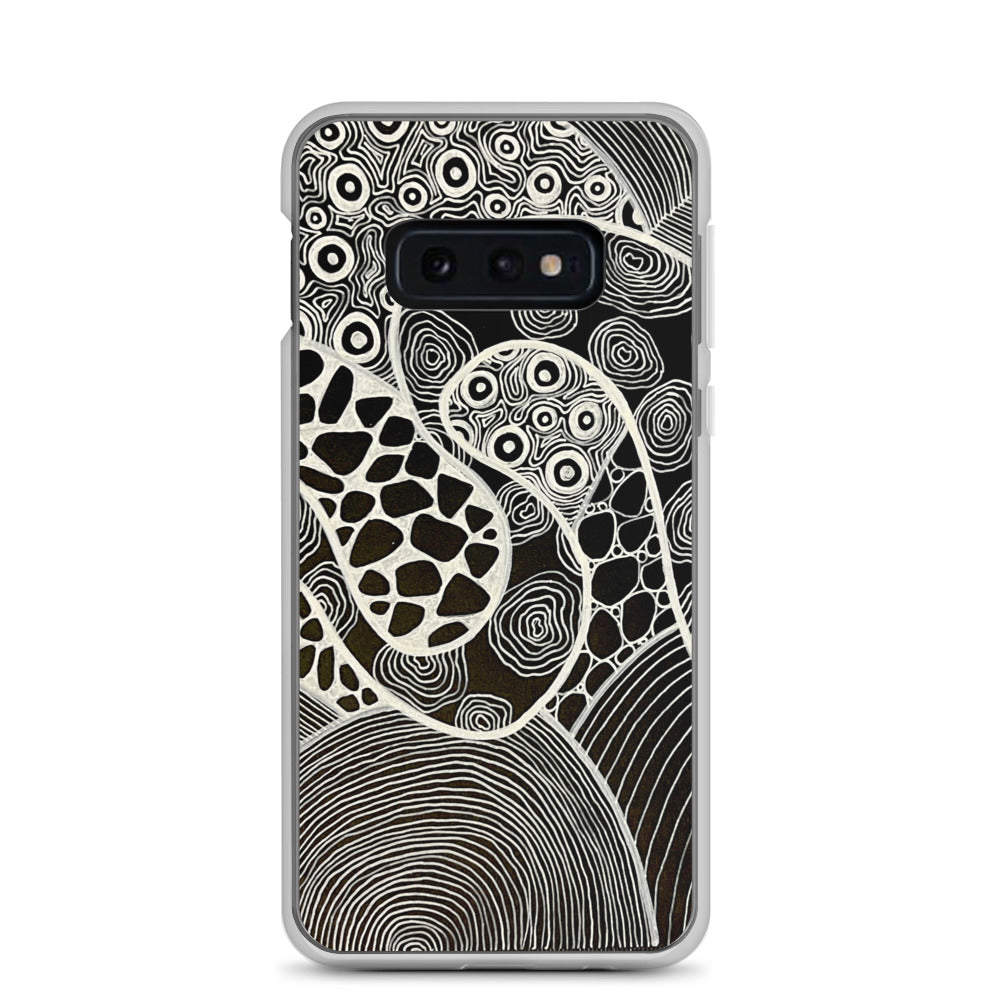 Samsung s10e Case Featuring beautifully designed Aboriginal artwork in black and white from the My Journey Series. Front View.