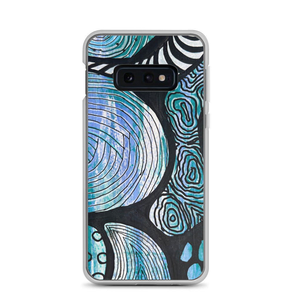 Samsung s10e Case Featuring beautifully designed Aboriginal artwork in black and white from the Salt Water Collection in blue, black, white and green. Front View.