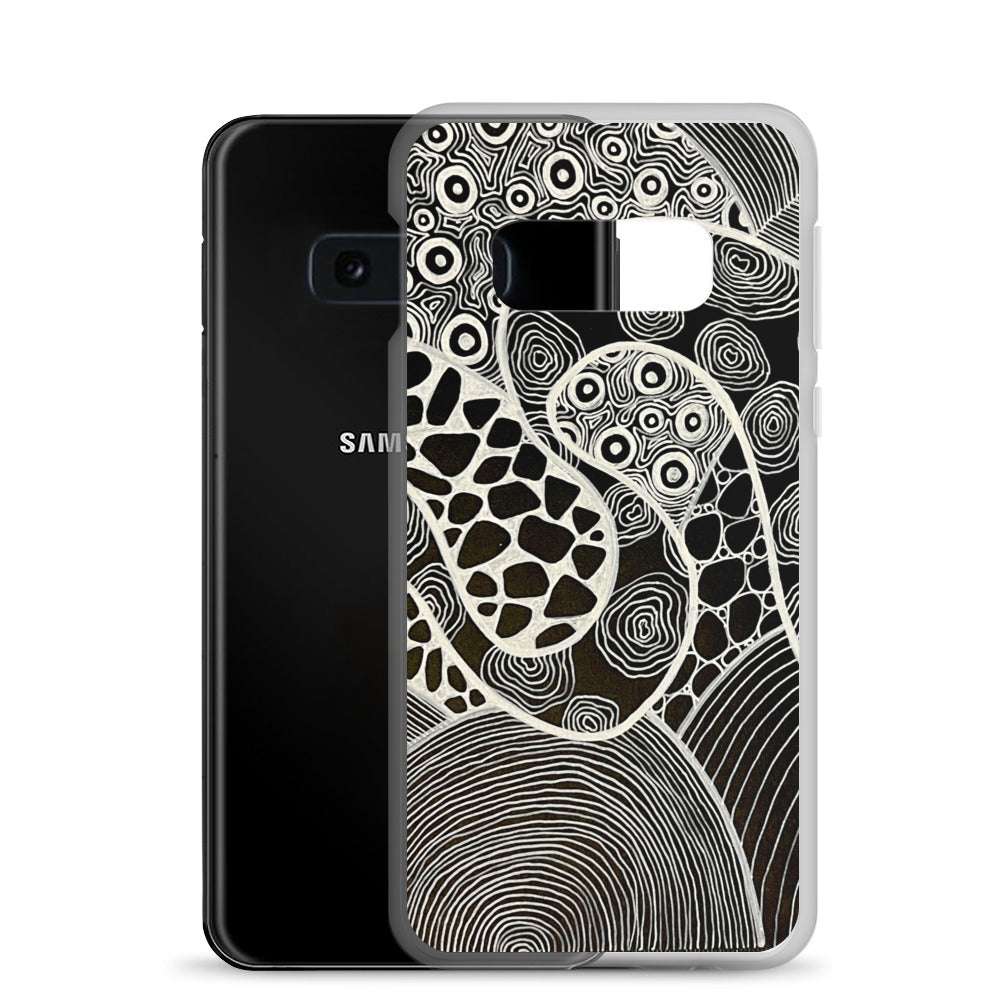 Samsung s10e Case Featuring beautifully designed Aboriginal artwork in black and white from the My Journey Series. Front View.