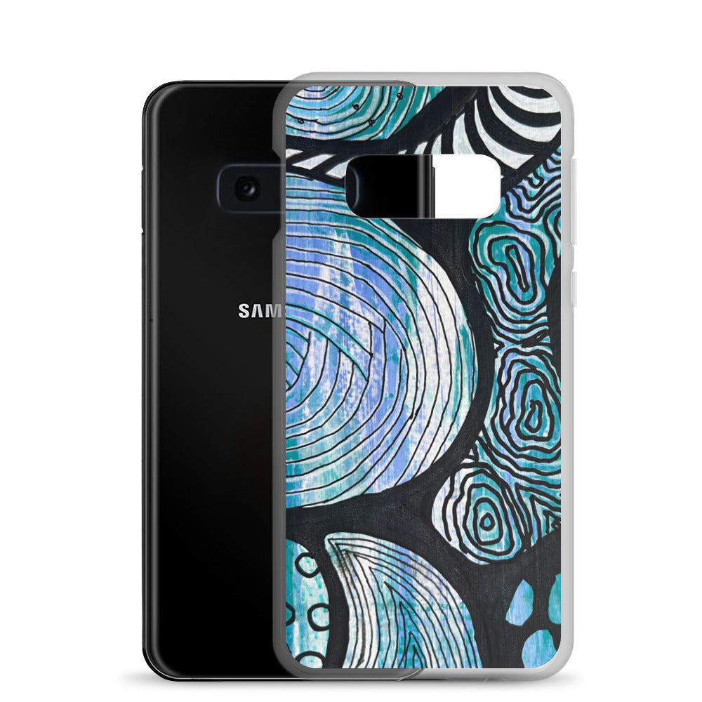 Samsung s10e Case Featuring beautifully designed Aboriginal artwork in black and white from the Salt Water Collection in blue, black, white and green. Front View.