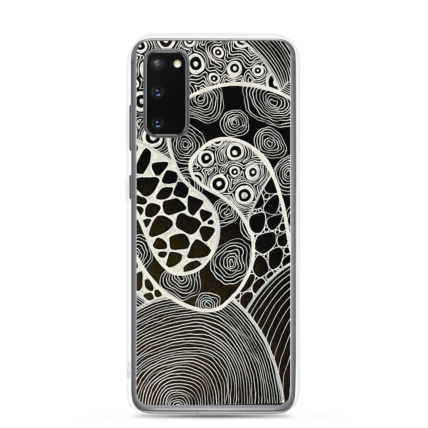 Samsung s20 Case Featuring beautifully designed Aboriginal artwork in black and white from the My Journey Series. Front View.