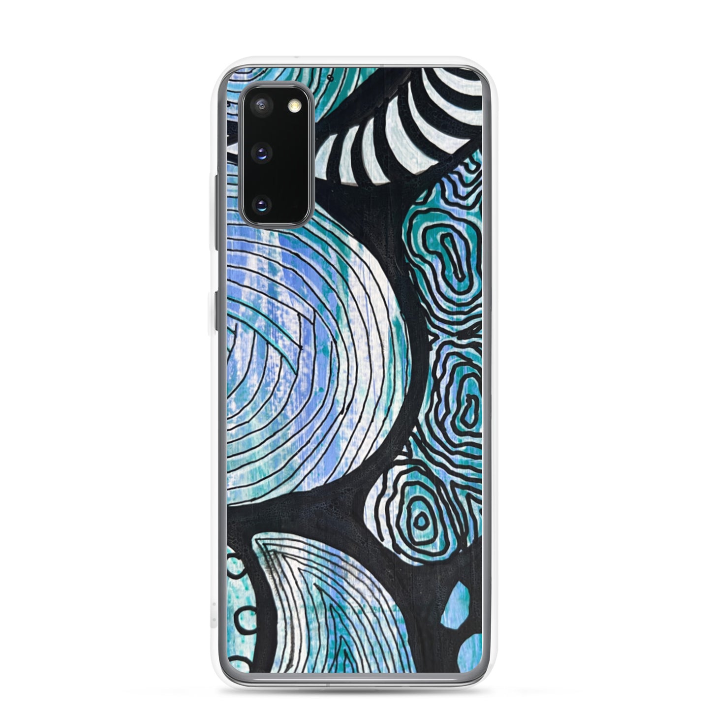Samsung s20 Case Featuring beautifully designed Aboriginal artwork in black and white from the Salt Water Collection in blue, black, white and green. Front View.
