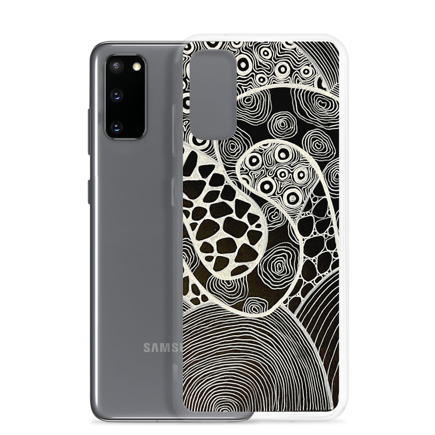 Samsung s20 Case Featuring beautifully designed Aboriginal artwork in black and white from the My Journey Series. Front View.