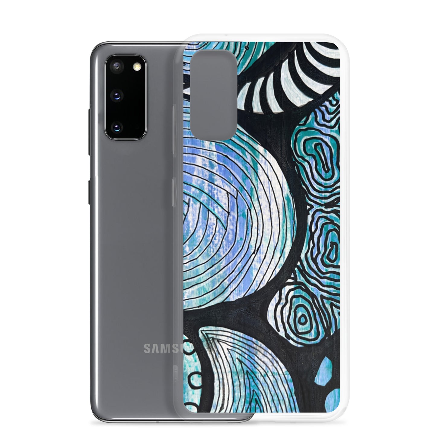 Samsung s20 Case Featuring beautifully designed Aboriginal artwork in black and white from the Salt Water Collection in blue, black, white and green. Front View. Edit alt text