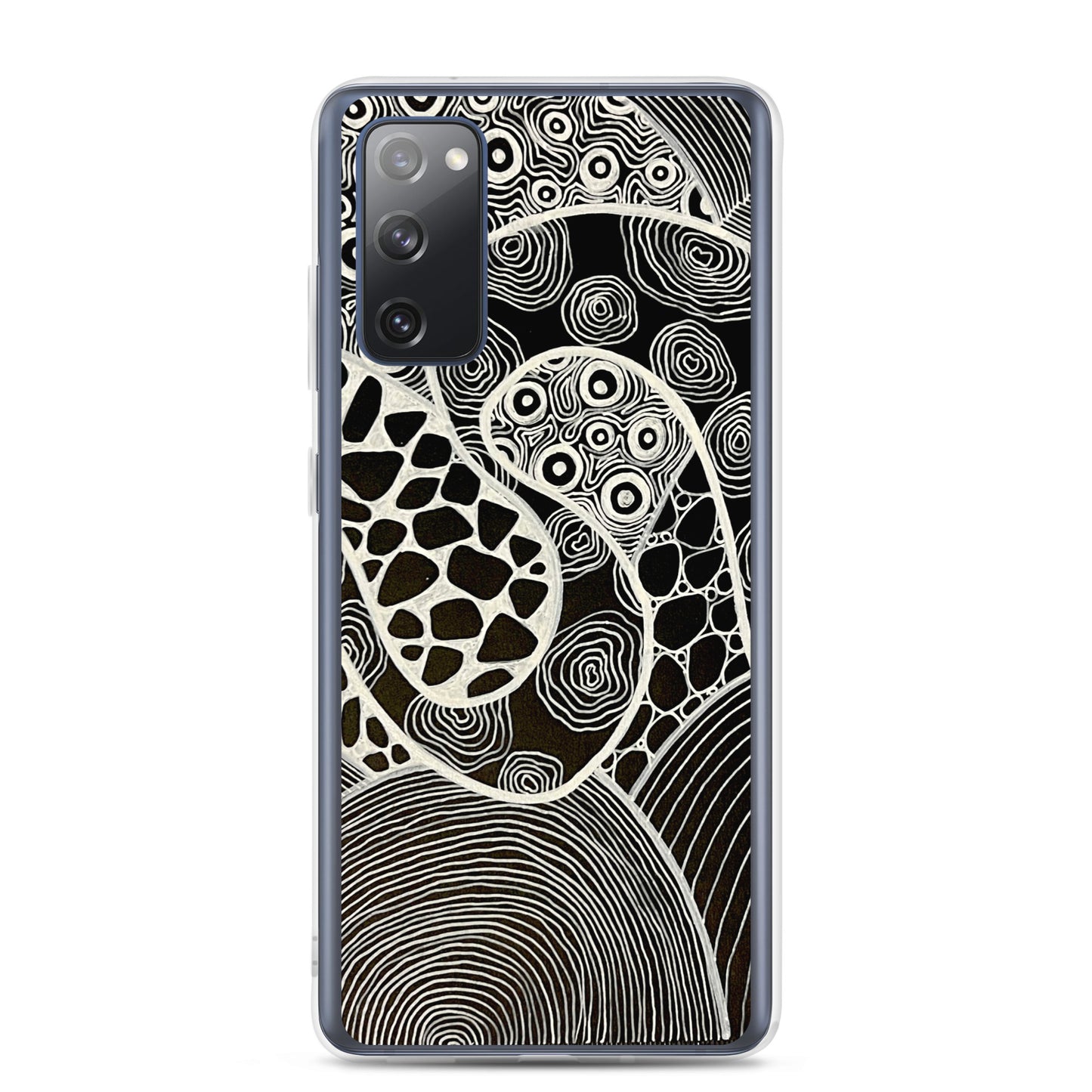 Samsung s20 Case Featuring beautifully designed Aboriginal artwork in black and white from the My Journey Series. Front View.