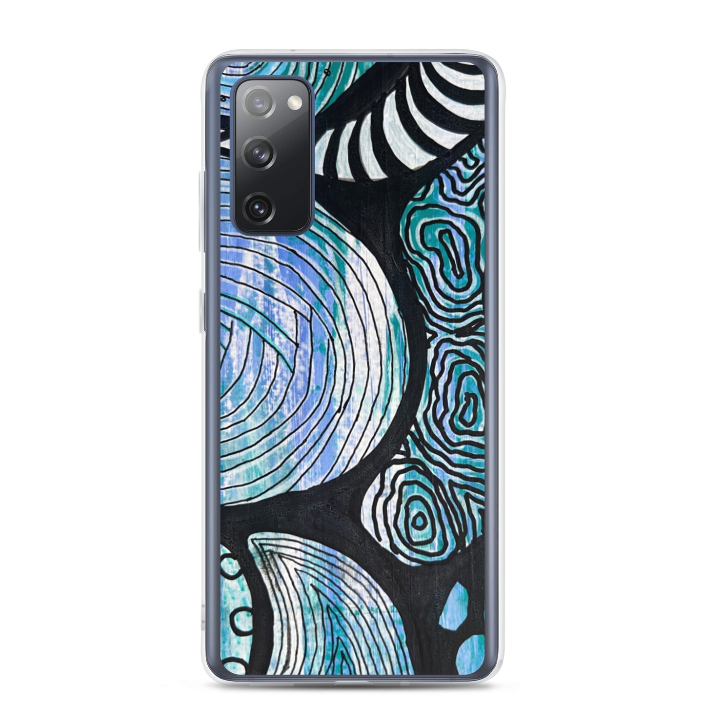 Samsung s20-fe Case Featuring beautifully designed Aboriginal artwork in black and white from the Salt Water Collection in blue, black, white and green. Front View. Edit alt text