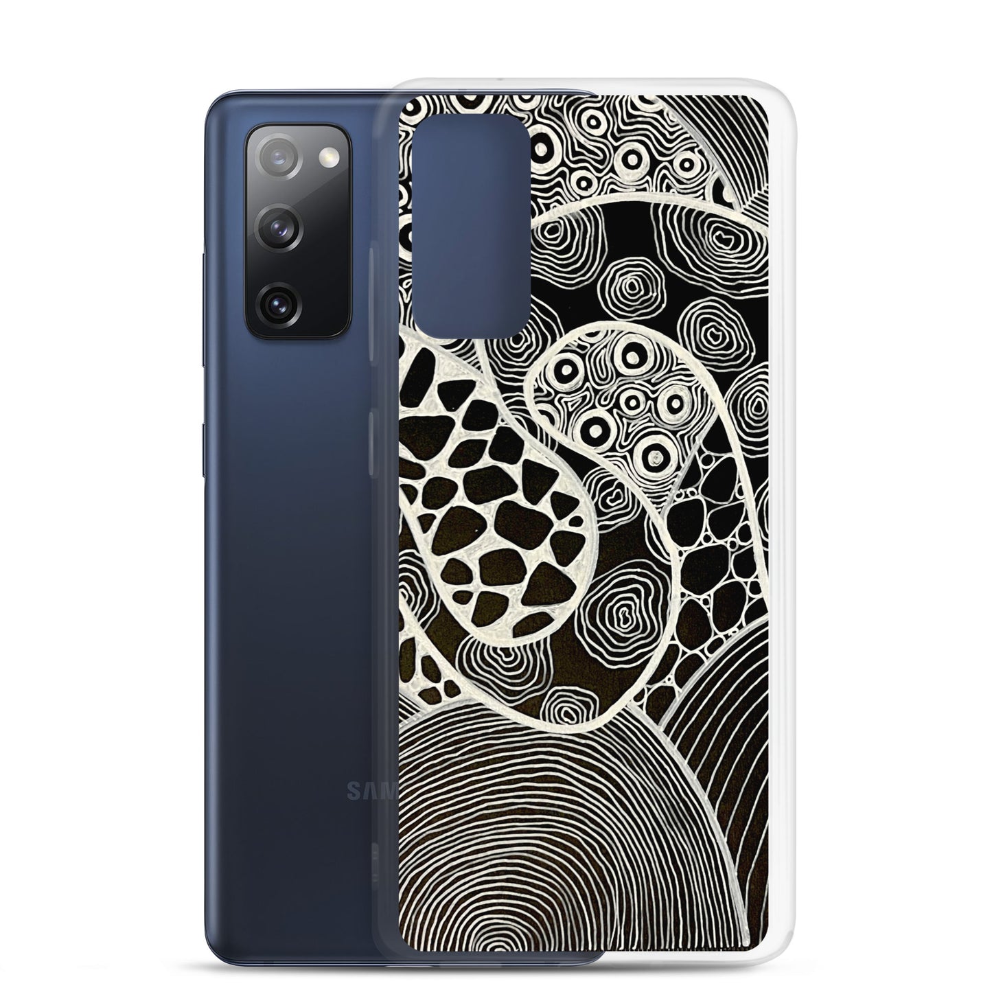 Samsung s20-fe Case Featuring beautifully designed Aboriginal artwork in black and white from the My Journey Series. Front View.
