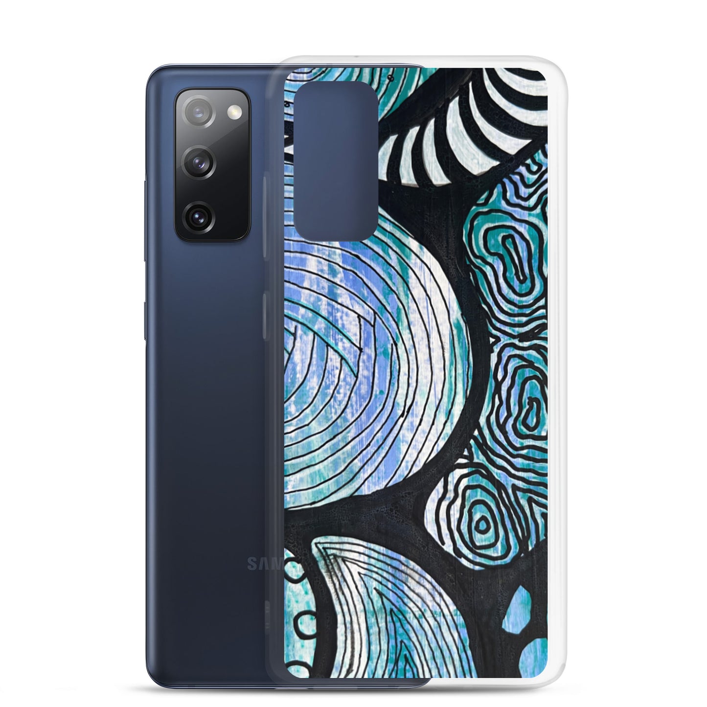 Samsung s20-fe Case Featuring beautifully designed Aboriginal artwork in black and white from the Salt Water Collection in blue, black, white and green. Front View. Edit alt text