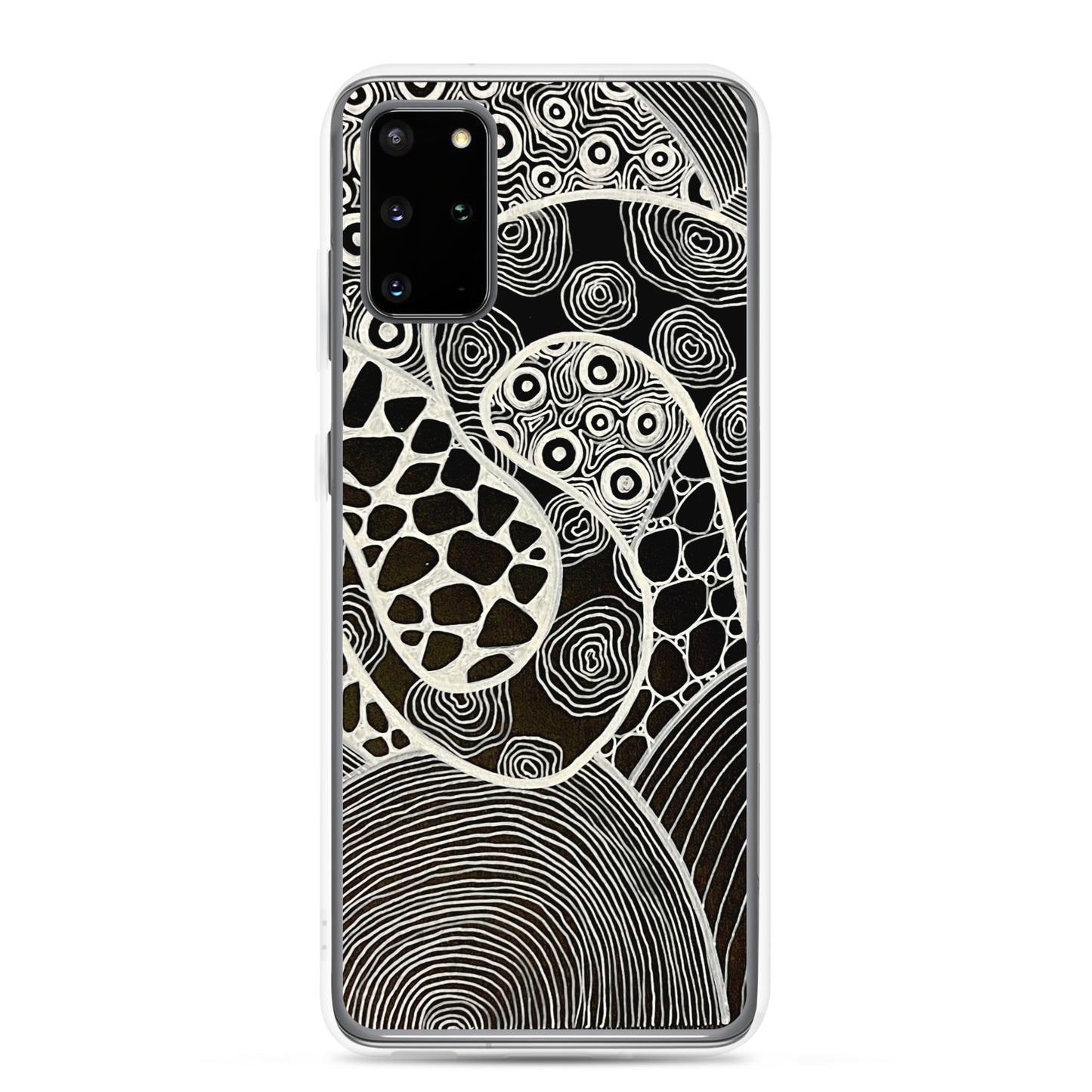 Samsung s20 Plus Case Featuring beautifully designed Aboriginal artwork in black and white from the My Journey Series. Front View.