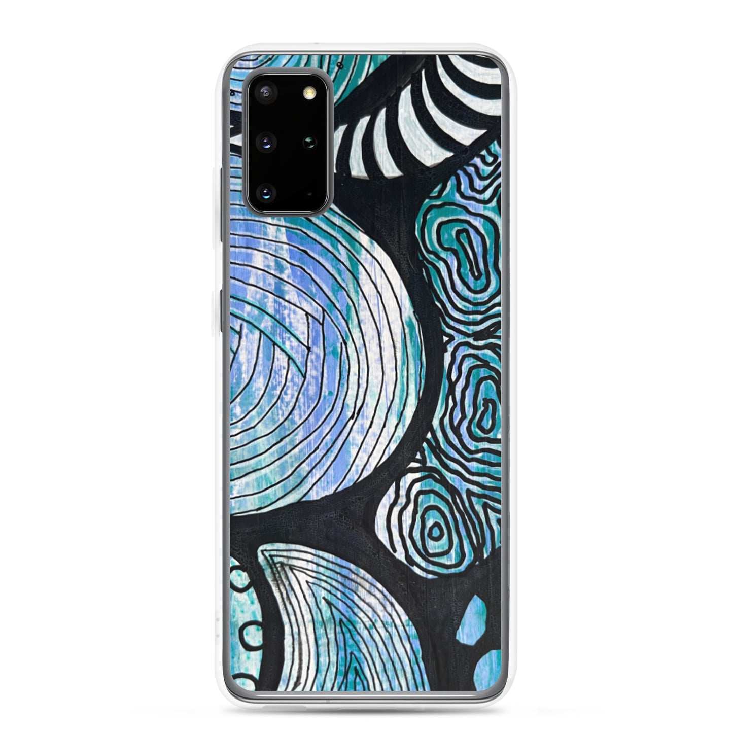 Samsung s20 Plus Case Featuring beautifully designed Aboriginal artwork in black and white from the Salt Water Collection in blue, black, white and green. Front View. Edit alt text