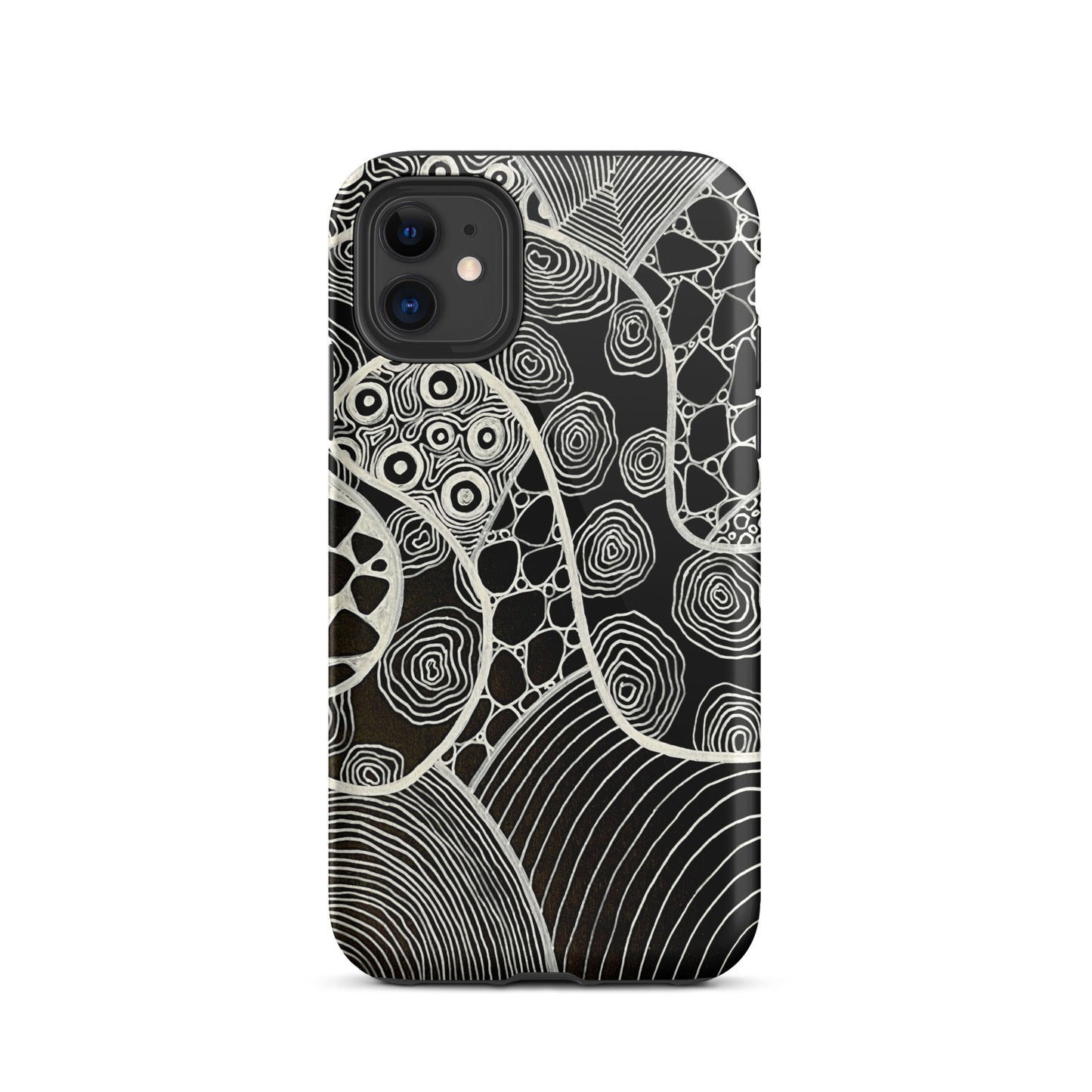 Iphone 11 Featuring beautifully designed Aboriginal artwork in black and white from the My Journey Series. Front View.