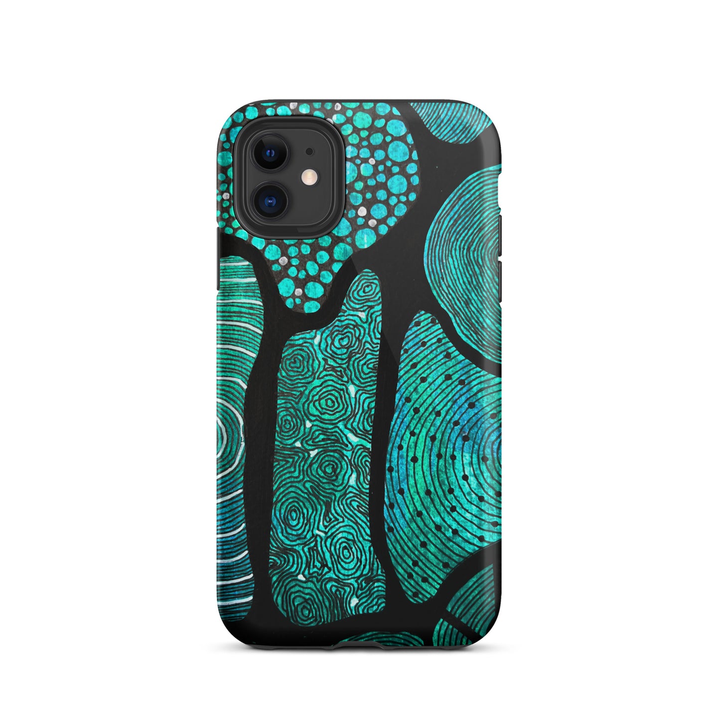 Iphone 11 Phone case featuring beautiful black, green and white Aboriginal Artwork. Rear View.