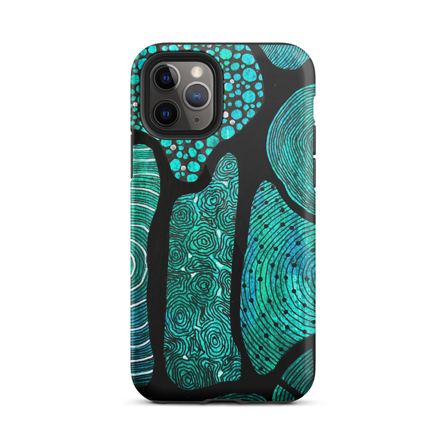 iPhone case featuring beautiful black, green and white Aboriginal Artwork. Rear View.