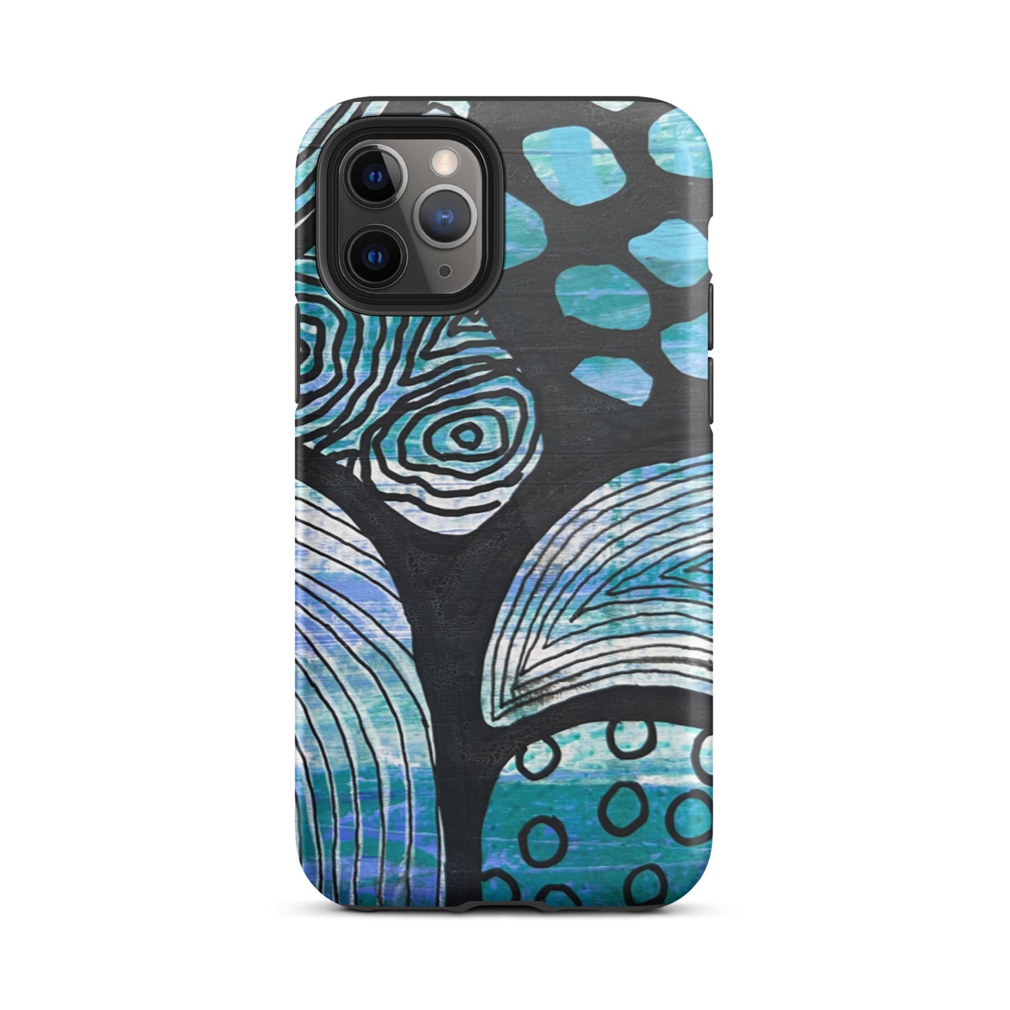 Iphone 11 Pro Phone case featuring beautiful black, blue and white Aboriginal Artwork. Rear View.