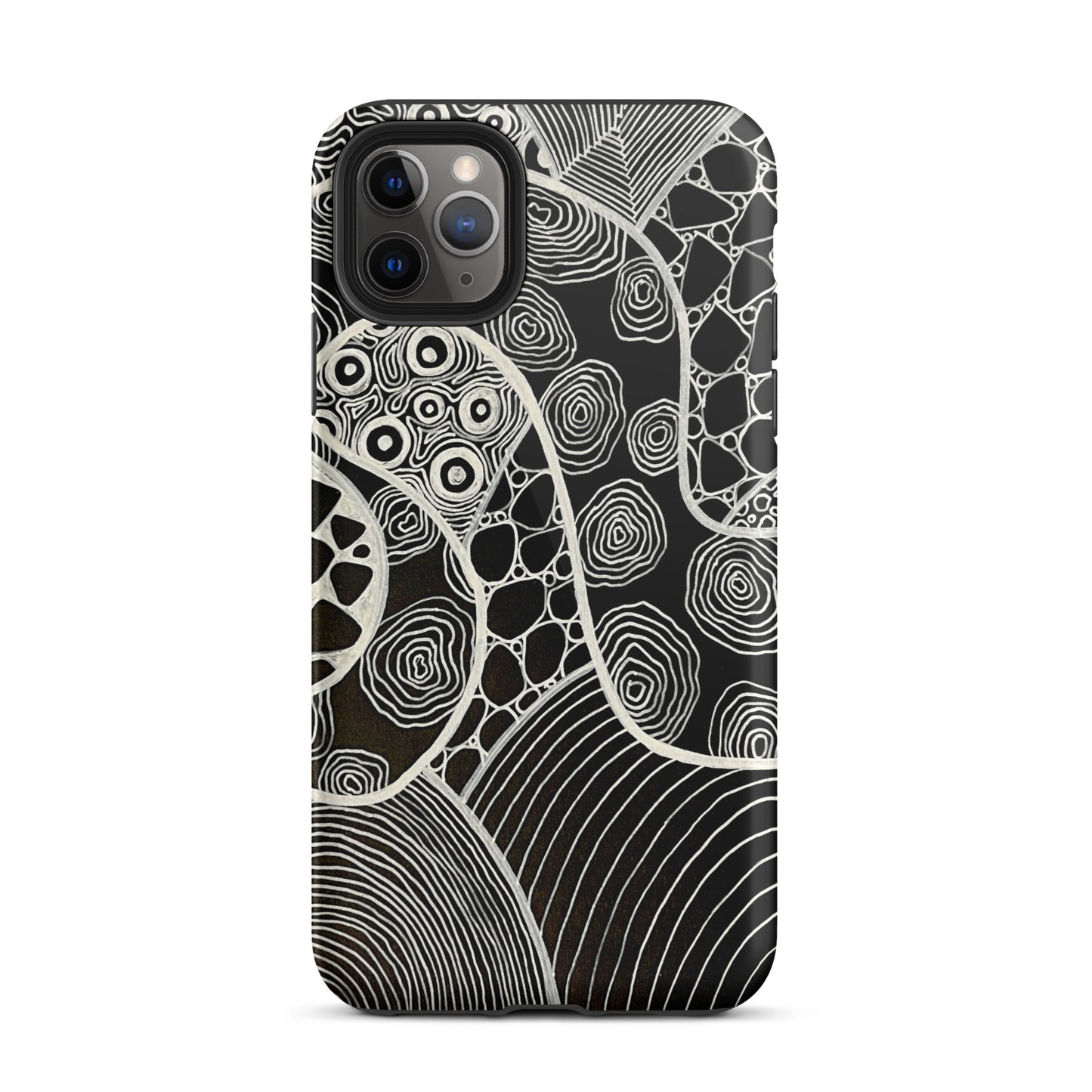 Iphone 11 Pro Max Featuring beautifully designed Aboriginal artwork in black and white from the My Journey Series. Front View.
