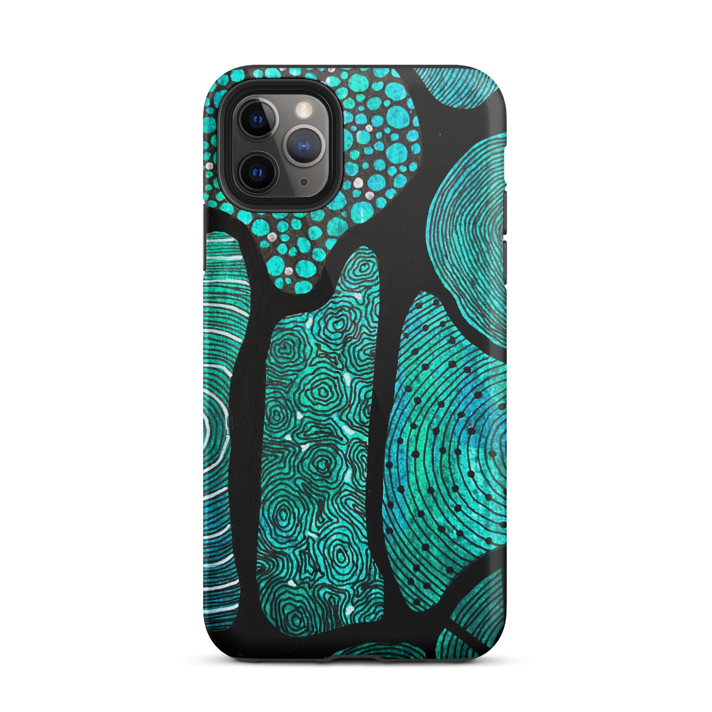 iPhone 11 Pro Max Phone case featuring beautiful black, green and white Aboriginal Artwork. Rear View.