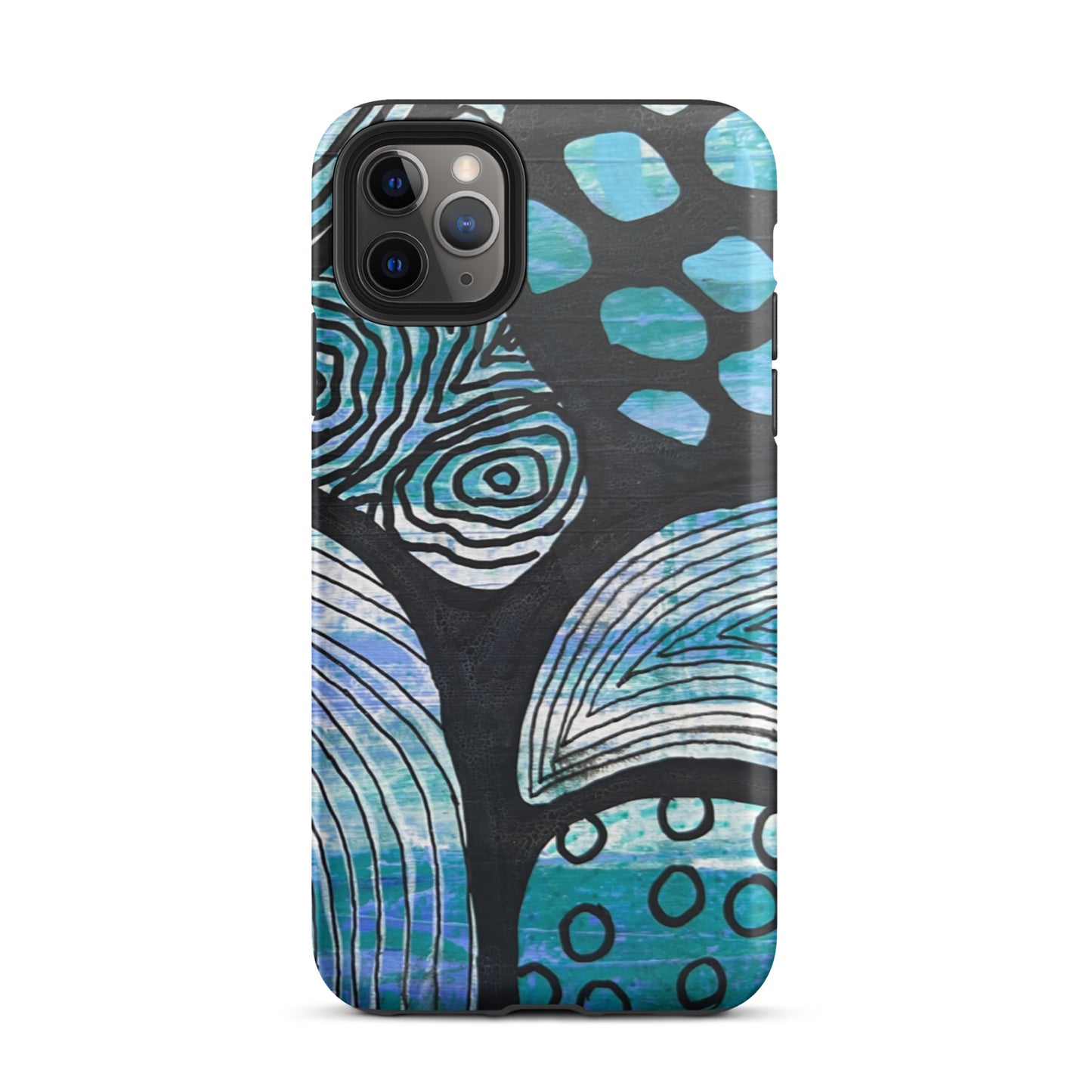 Iphone 11 Pro max Phone case featuring beautiful black, blue and white Aboriginal Artwork. Rear View.