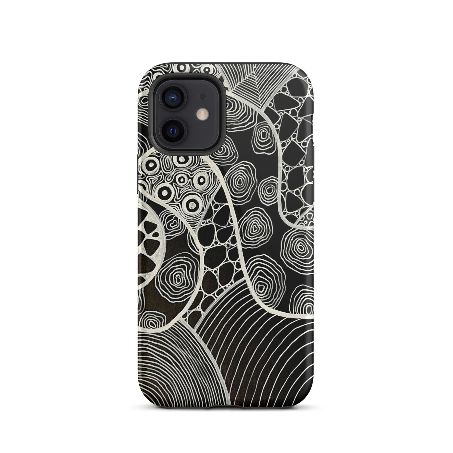 Iphone 12 Featuring beautifully designed Aboriginal artwork in black and white from the My Journey Series. Front View.