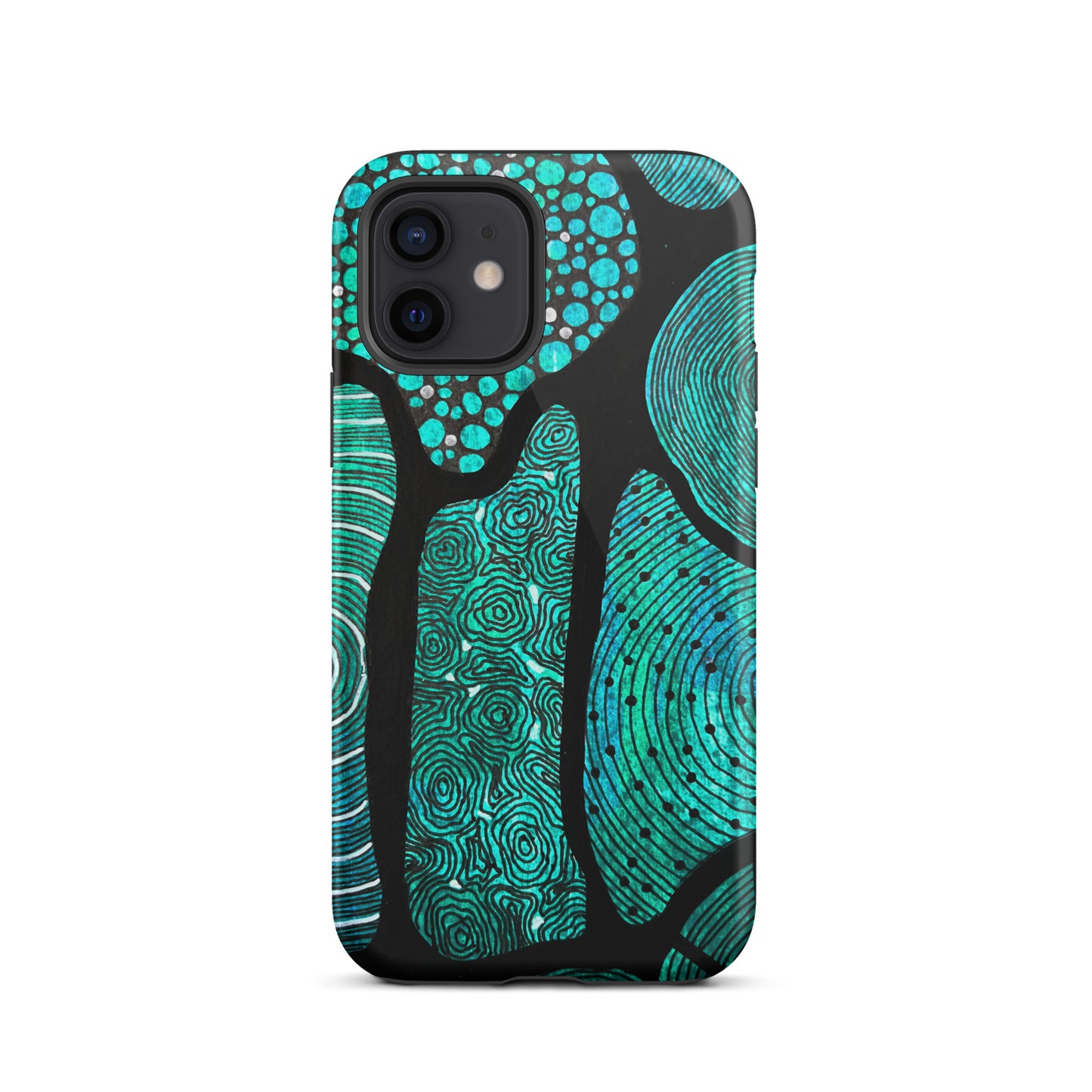 Iphone 12 Phone case featuring beautiful black, green and white Aboriginal Artwork. Rear View.