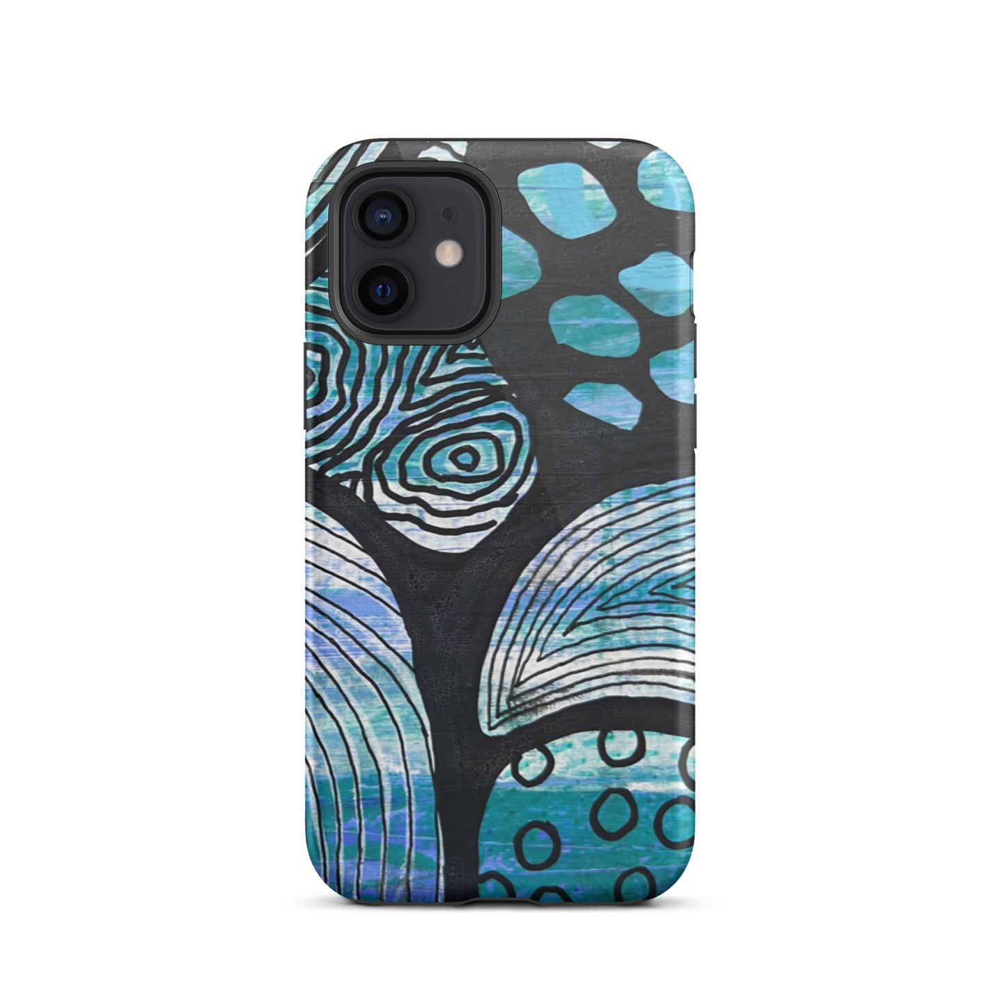 Iphone 12 Phone case featuring beautiful black, blue and white Aboriginal Artwork. Rear View.