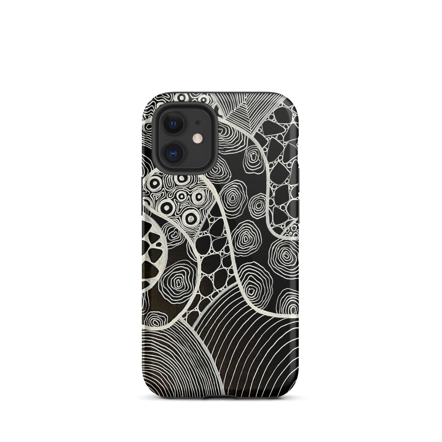 Iphone 12 Mini Featuring beautifully designed Aboriginal artwork in black and white from the My Journey Series. Front View.