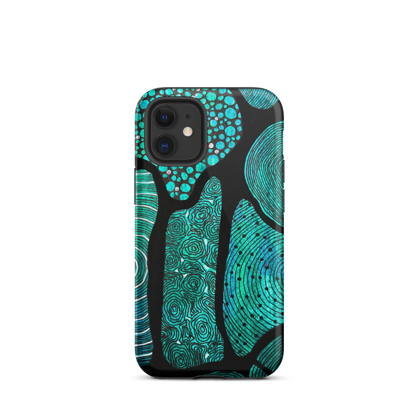 iPhone 12 Phone case featuring beautiful black, green and white Aboriginal Artwork. Rear View.