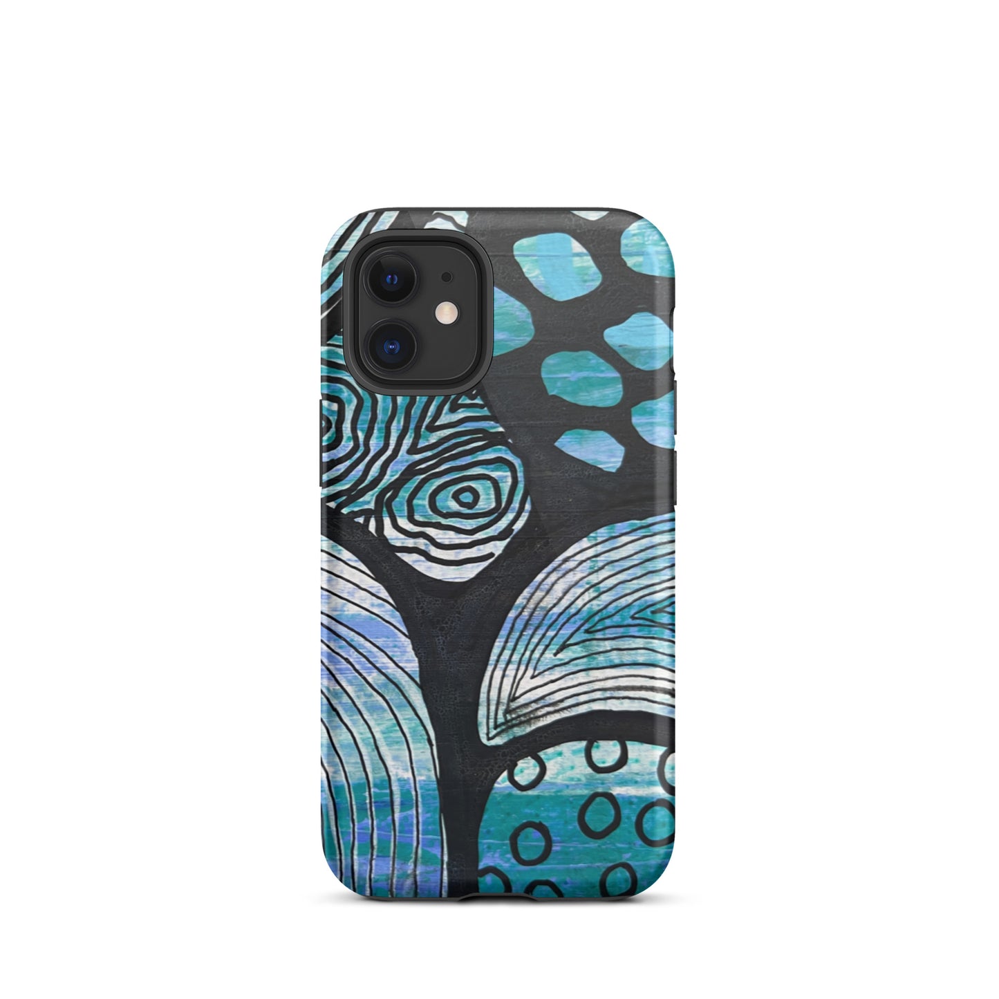 iPhone 12 mini Phone case featuring beautiful black, blue and white Aboriginal Artwork. Rear View.