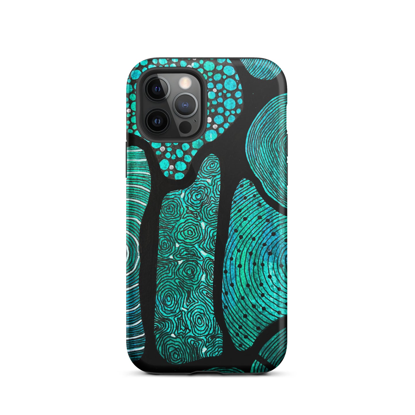 iPhone 12 Pro Max Phone case featuring beautiful black, green and white Aboriginal Artwork. Rear View.