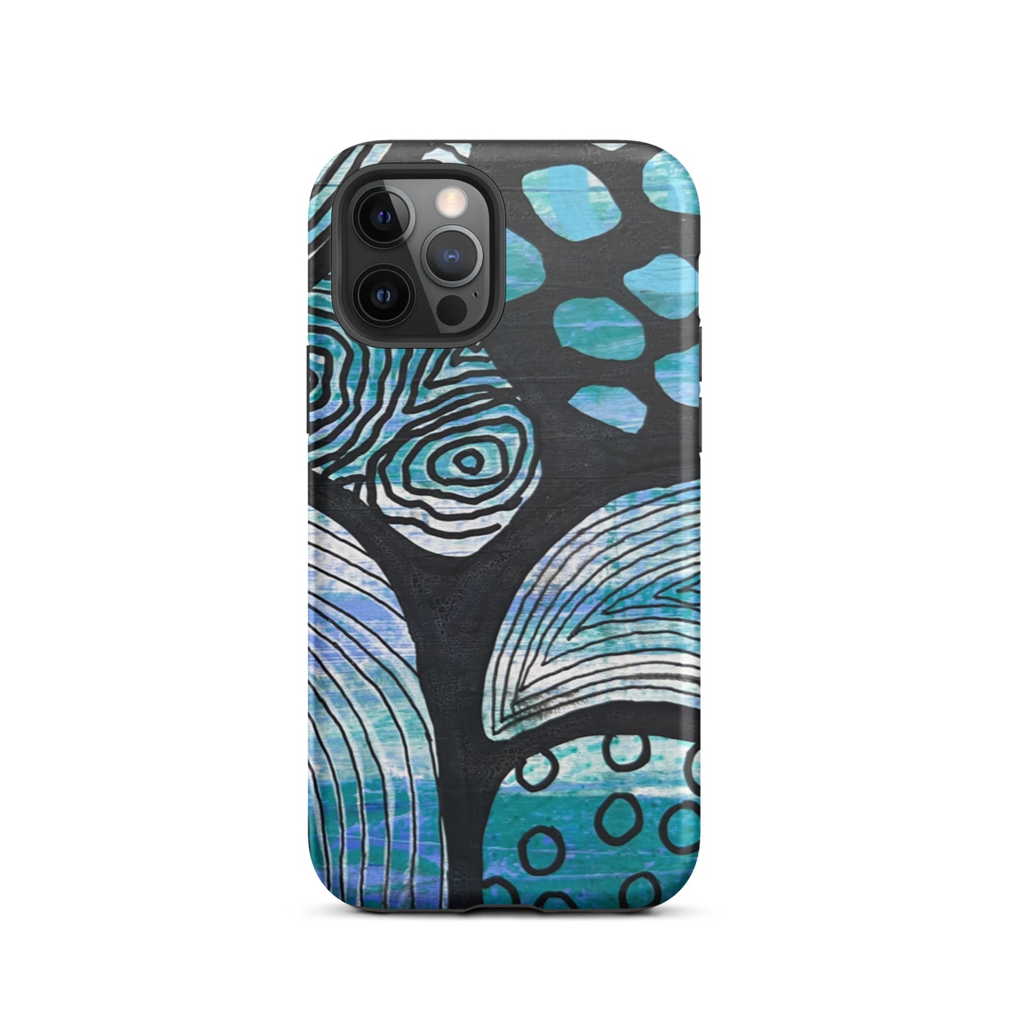 Iphone 12 Pro Phone case featuring beautiful black, blue and white Aboriginal Artwork. Rear View.