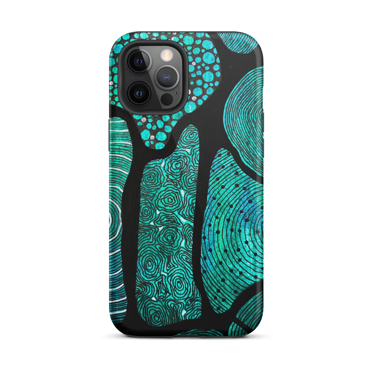 iPhone 12 Pro Max Phone case featuring beautiful black, green and white Aboriginal Artwork. Rear View.