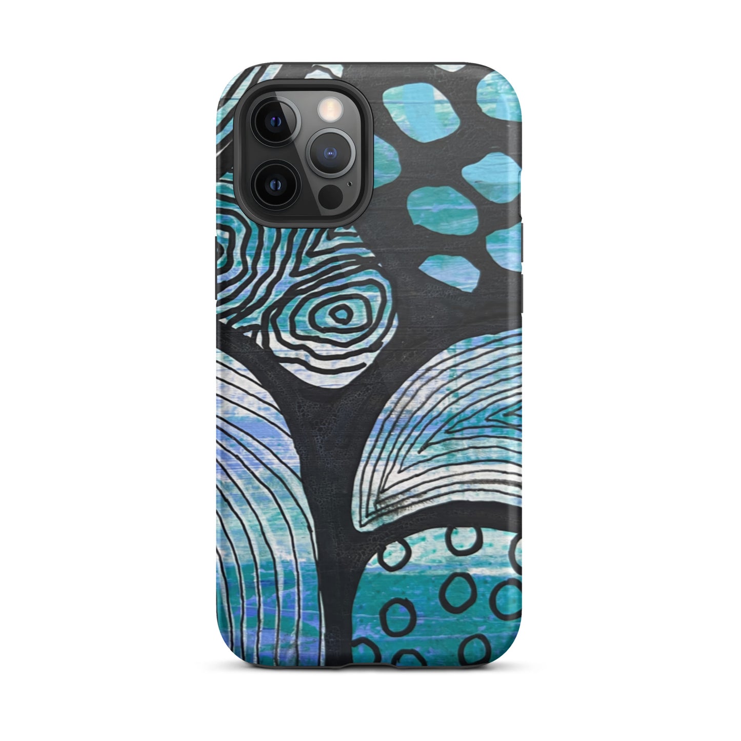 iPhone 12 Pro Max Phone case featuring beautiful black, blue and white Aboriginal Artwork. Rear View.