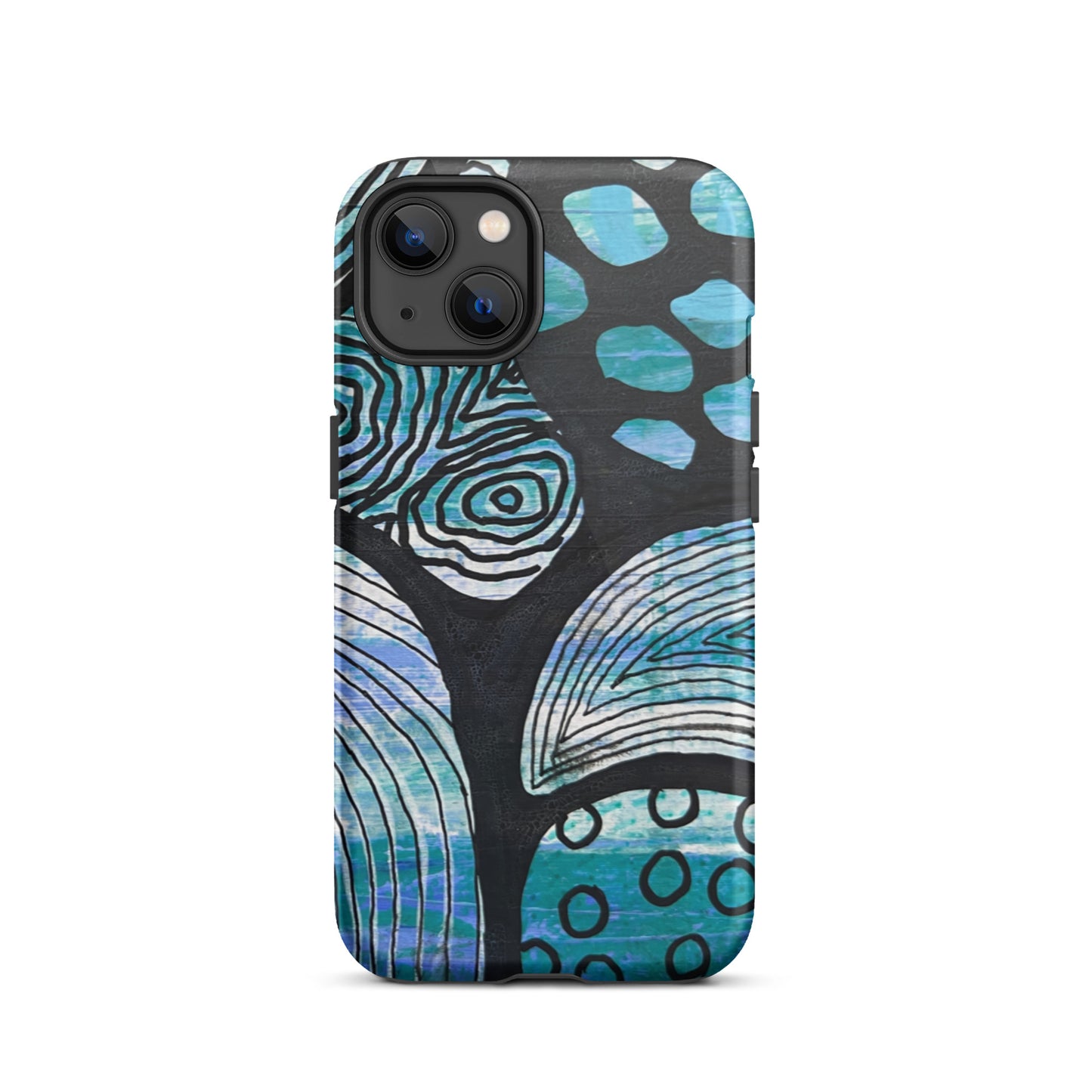Iphone 13 Phone case featuring beautiful black, blue and white Aboriginal Artwork. Rear View.