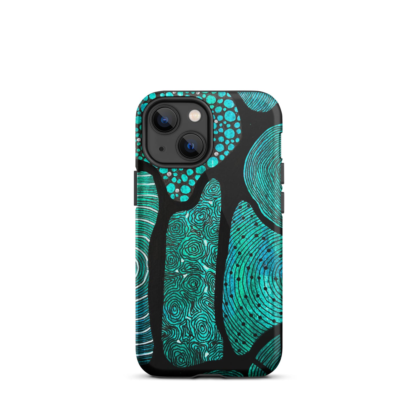 Iphone 13 Mini Phone case featuring beautiful black, green and white Aboriginal Artwork. Rear View.