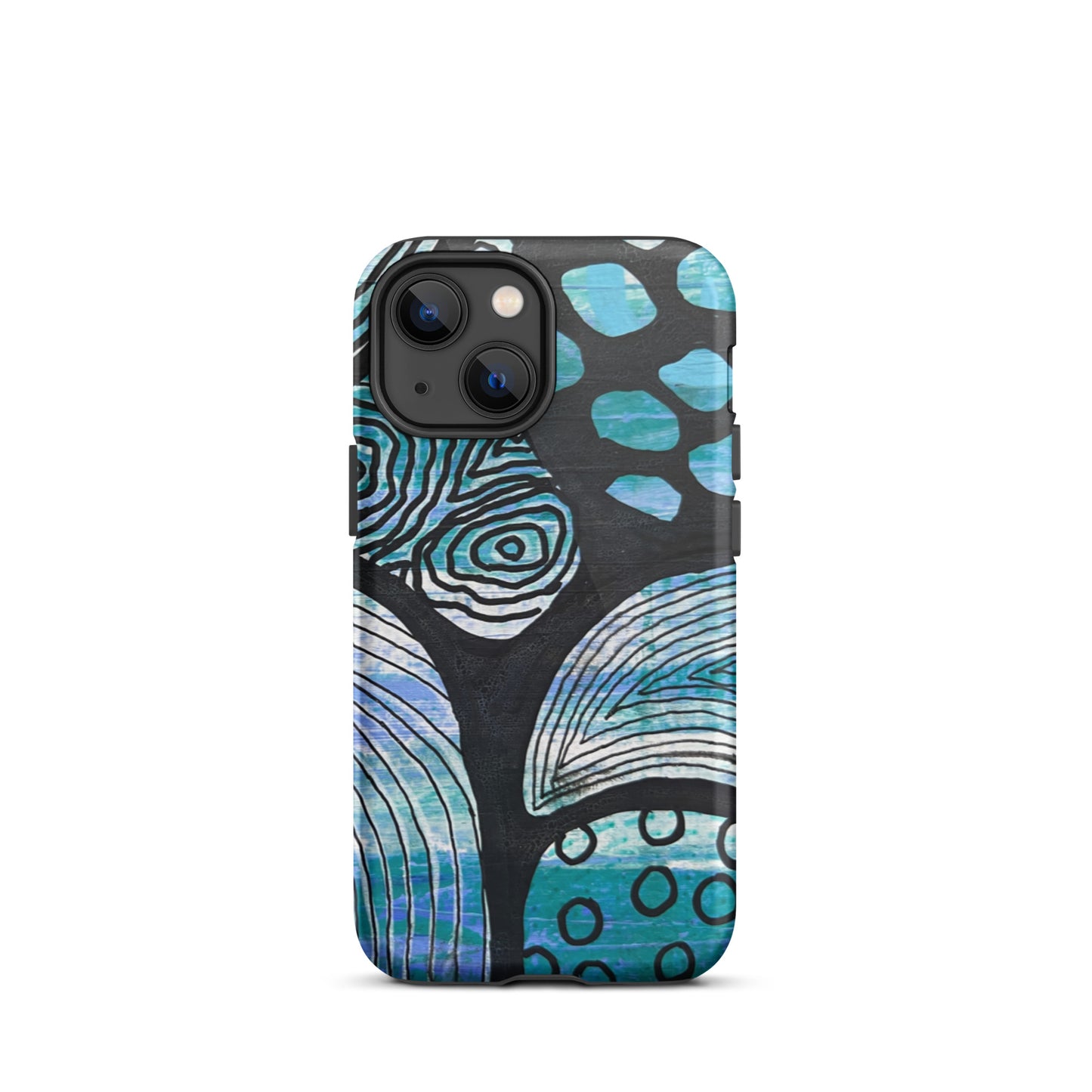 Iphone 13 Mini Phone case featuring beautiful black, blue and white Aboriginal Artwork. Rear View.