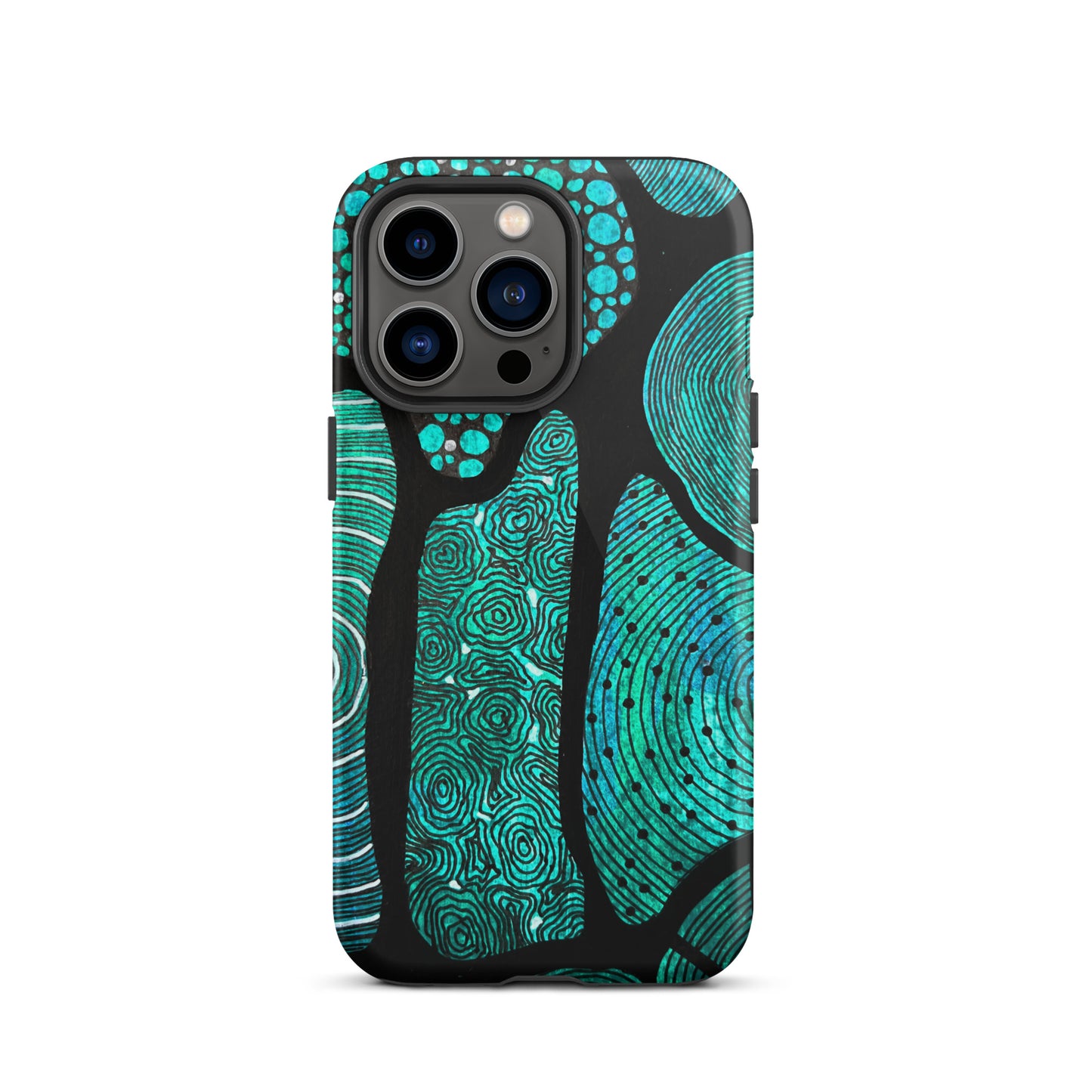 Iphone 13 Pro Max Phone case featuring beautiful black, green and white Aboriginal Artwork. Rear View.