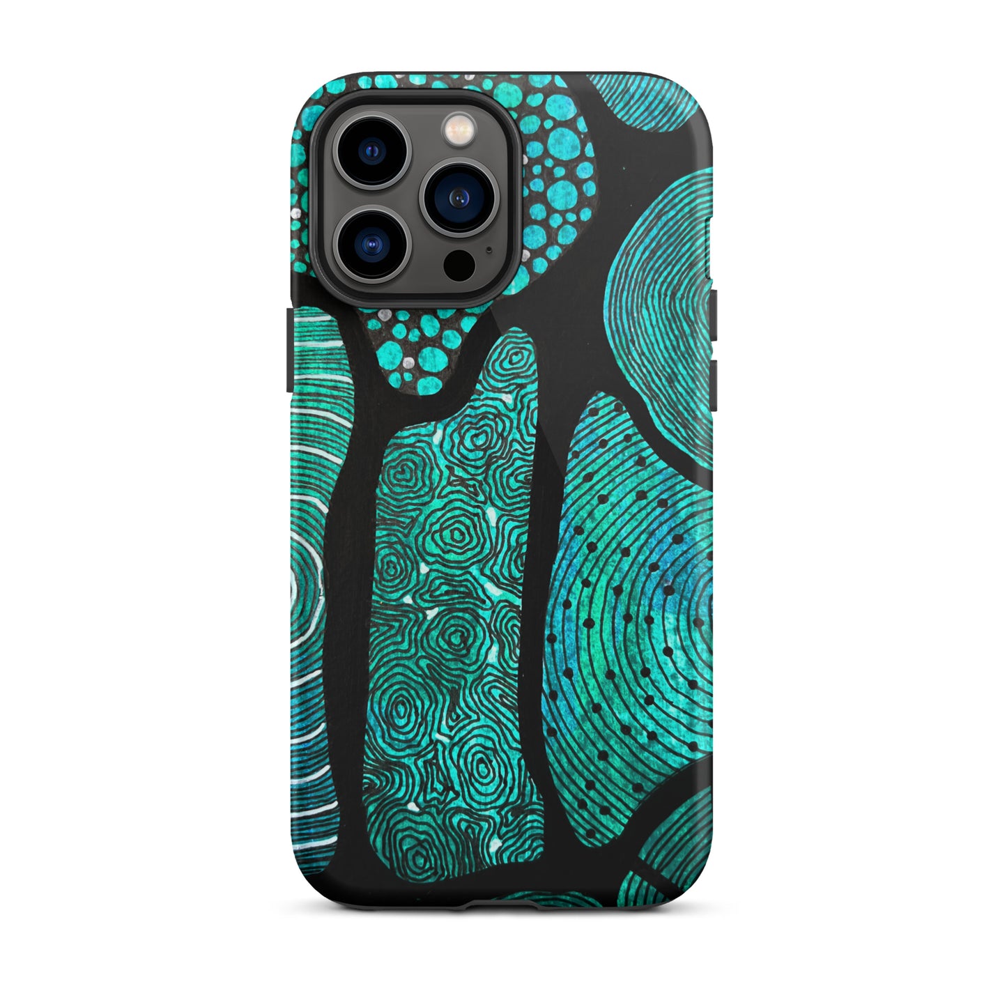 Iphone 13 Pro Max Phone case featuring beautiful black, green and white Aboriginal Artwork. Rear View.